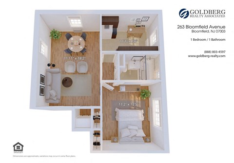 Floor plan for 1 bed, 1 bath, 608 sqft